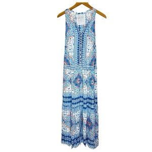 Caite Kyla Seo Sleeveless Maxi Dress Avery SZ XS Mosaic Print Blue White Modest